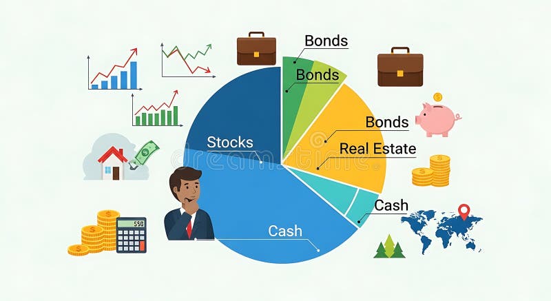 Portafolio de inversión diversificado mostrando diferentes tipos de activos